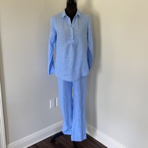 Blue LINEN SUIT. St. Tropez Top + Rachel Ashwell